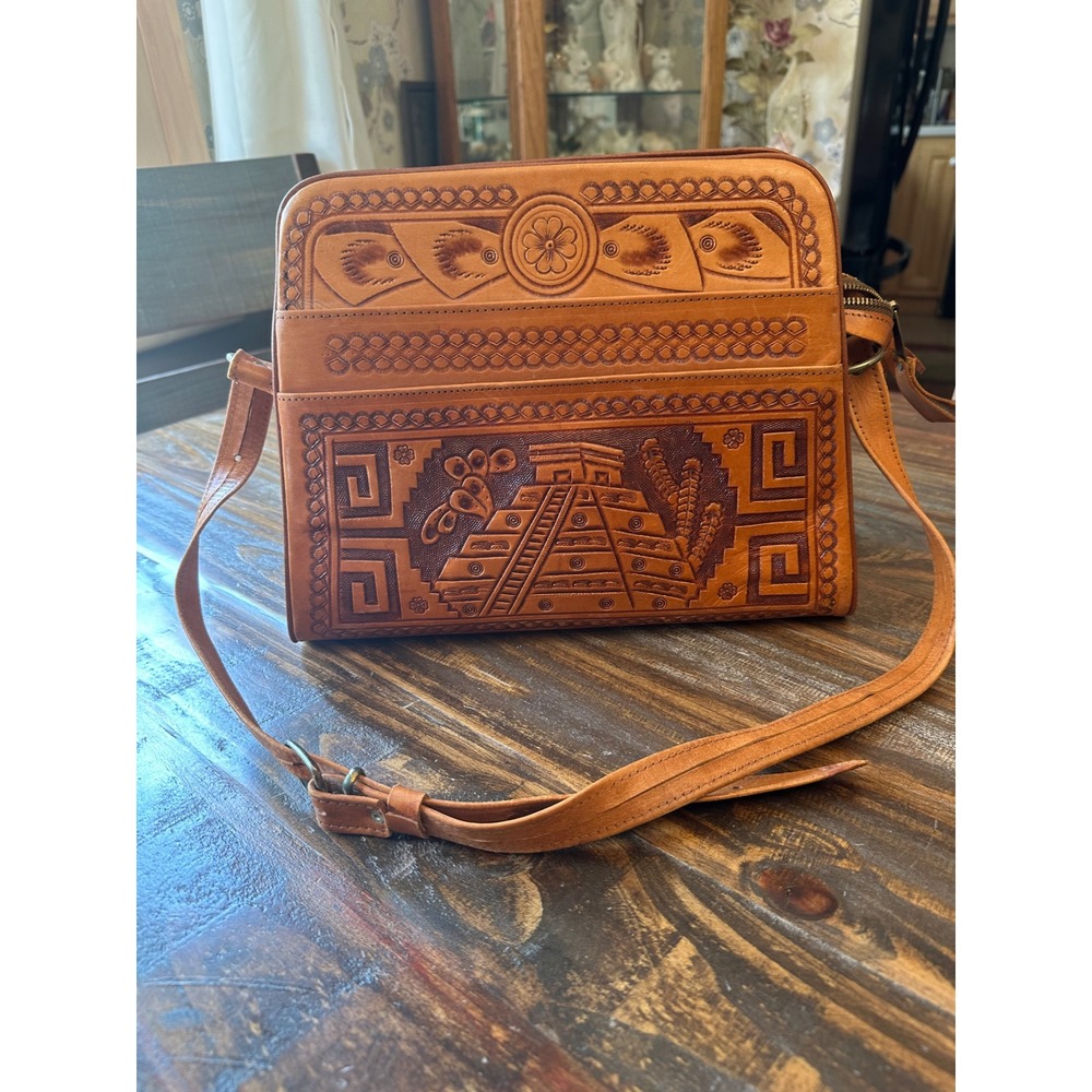 Vintage Hand Tooled Mexican Leather Crossbody Bag Aztec Calendar Mayan Pyramid